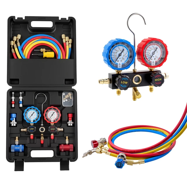 Alt view image 8 of 8 - VEVOR AC Manifold Gauge Set for R134a R404A R1234yf R22 Refrigerant, 3 Way AC Gauge with 5 ft Hoses, Adapters, Quick Couplers, Can Taps for Automotive Air Conditioning Maintenance, Charging Evacuation