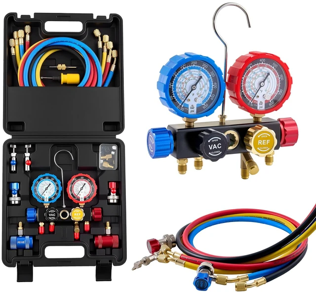 Alt view image 8 of 8 - VEVOR AC Manifold Gauge Set for R134a R404A R1234yf R22 Refrigerant, 4 Way AC Gauge with 5 ft Hoses, Adapters, Quick Couplers, Can Taps for Automotive Air Conditioning Maintenance, Charging Evacuation