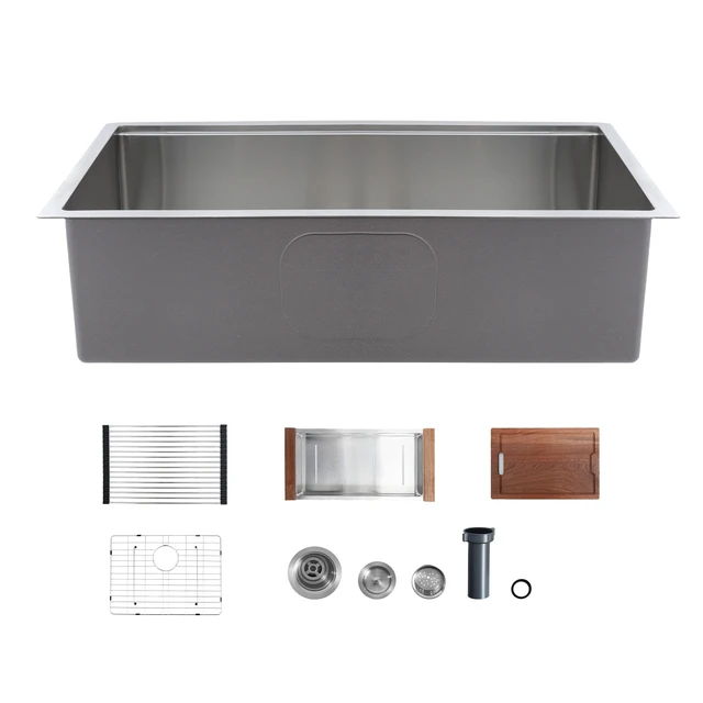 Alt view image 8 of 8 - VEVOR 33-inch Kitchen Undermount Single Bowl Sinks, Stainless Steel Drop-In Farmhouse Basin with Ledge & Accessories, Household Dishwasher Sinks for RV, Prep Kitchen, Laundry Room, Bar