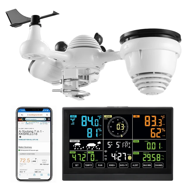 Alt view image 9 of 9 - VEVOR 7-in-1 Wi-Fi Weather Station, 7.5-Inch VA Display, Solar Powered Wireless Outdoor Sensor, Home Weather Station Indoor Outdoor, for Temperature, Humidity, Wind Speed/Direction, Rainfall, No APP