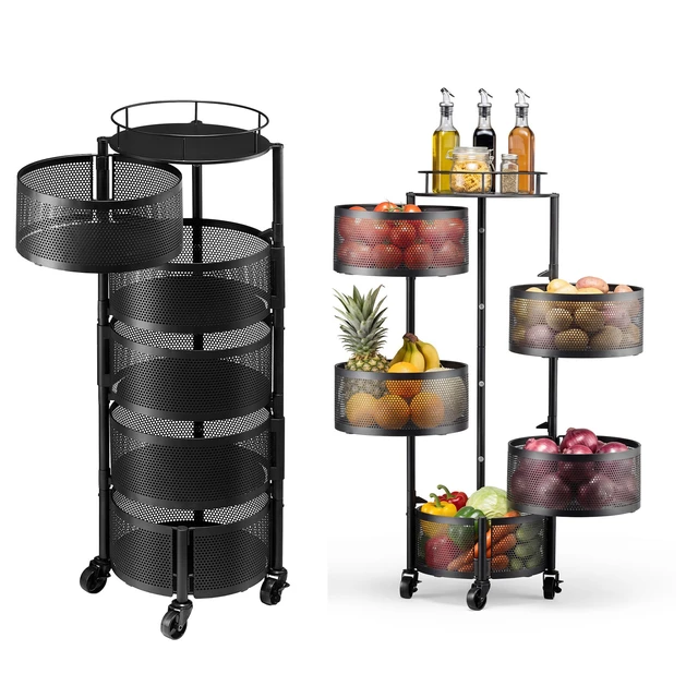 Alt view image 8 of 8 - VEVOR Rotating Storage Rack Cart, 5 Tier Fruit and Vegetable Basket Bowls, Heavy Duty Wire Basket Organizer on Wheels, Large Capacity Stand with Metal Top Lid, for Kitchen Bathroom Nursery, Black