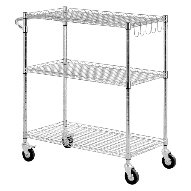 Alt view image 8 of 8 - VEVOR Kitchen Utility Cart, 3 Tier Heavy Duty Adjustable Wire Storage Rack, Commercial Steel Rolling Service Trolley on Wheels, Work Table with Handle Bar, for Garage and Laundry Room, 35x17.8x40.9 in