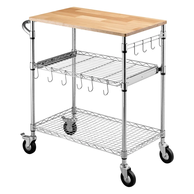 Alt view image 8 of 8 - VEVOR Kitchen Utility Cart, 3 Tier Heavy Duty Adjustable Wire Storage Rack with Wood Tabletop and Handle Bar, Rolling Portable Service Trolley on Wheels, 661 lbs Steel Work Table, 30x18x36 in