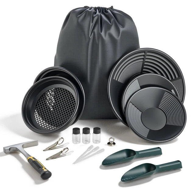 Alt view image 8 of 8 - VEVOR Gold Panning Kit, 10 in and 14 in Pans, 19 PCS Portable Prospecting Equipment Kit with Classifier Sieves, Sand Magnet, Rock Pick, Scoops, Backpack, and Accessories, for Outdoor Gold Recovery