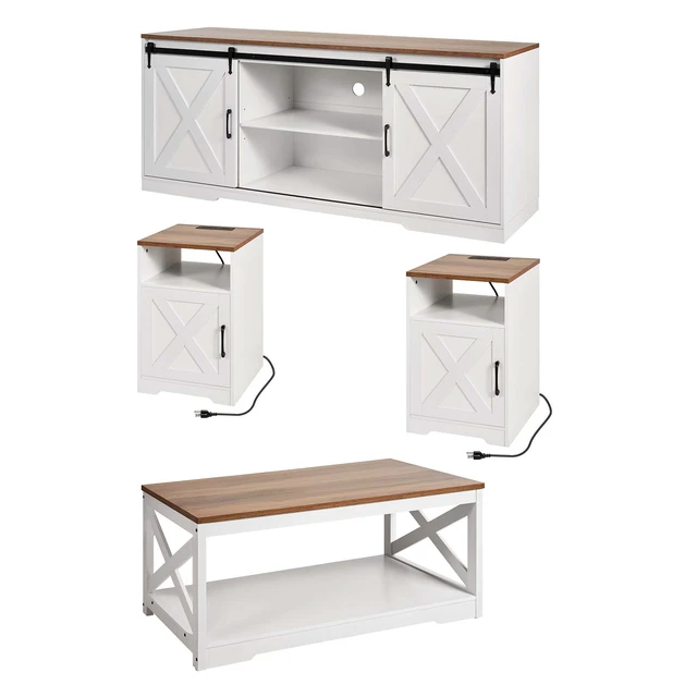 Alt view image 8 of 8 - VEVOR 4 Pieces Farmhouse Coffee Table Sets, 40 in Coffee Table with 2 End Tables and 66 in TV Stand, Easy Assembly Living Room Tables Sets with Charging Station, for Office, Living Room & Apartment