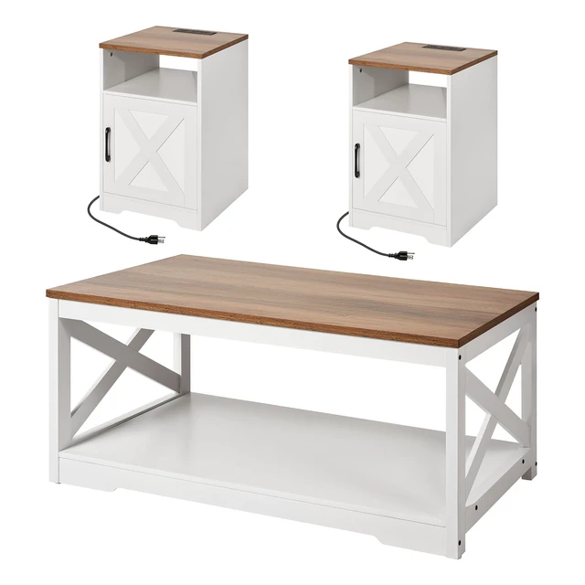 Alt view image 2 of 2 - VEVOR 3 Pieces Farmhouse Coffee Table Sets, 40 in Industrial Coffee Table with 2 End Side Tables, Easy Assembly Coffee and End Tables Sets with Charging Station, for Office, Living Room & Apartment