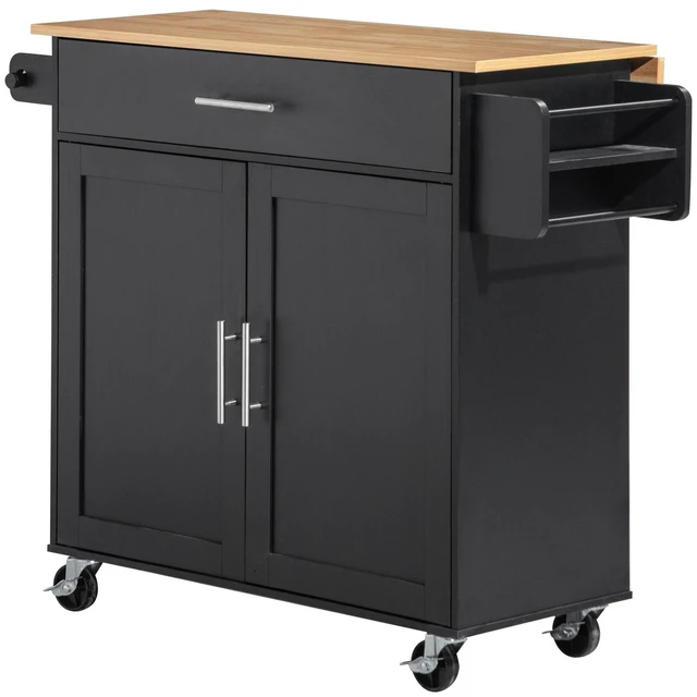 Main image of VEVOR Kitchen Island Cart with Storage, 42.28 in Wide Mobile Rolling Storage Island on Swivel Wheels, with Drawer, Storage Cabinet, Drop Leaf, Spice Rack, Table for Home Dining Room, Black