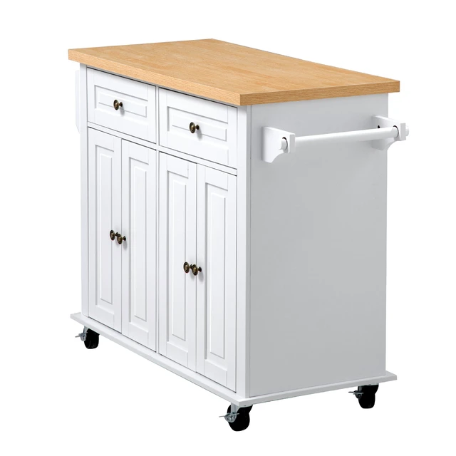Alt view image 8 of 8 - VEVOR Kitchen Island Cart with Storage, 43.7 in Wide Mobile Rolling Storage Island on Swivel Wheels, with 2 Drawers, Storage Cabinet, Spice/Towel Rack, Hooks, Table for Home Dining Room, White