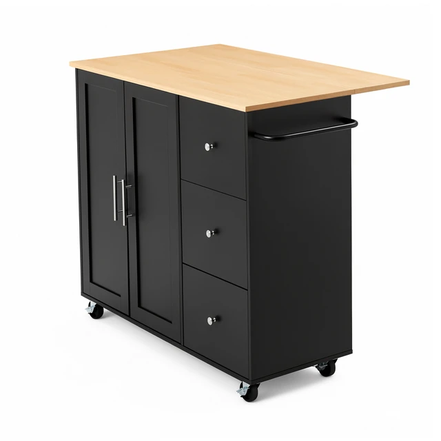 Alt view image 8 of 8 - VEVOR Kitchen Island Cart with Storage, 42.4 in Wide Mobile Rolling Storage Island on Swivel Wheels, with 3 Drawers, Storage Cabinet, Drop Leaf, Towel Rack, Table for Home Dining Room, Black