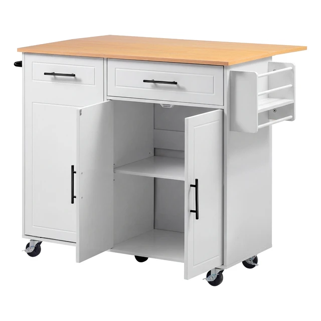 Alt view image 8 of 8 - VEVOR Kitchen Island Cart with Storage, 46.06 in Wide Mobile Rolling Storage Island on Swivel Wheels, with Drawer, Storage Cabinet, Drop Leaf, Spice/Towel Rack, Table for Home Dining Room, White