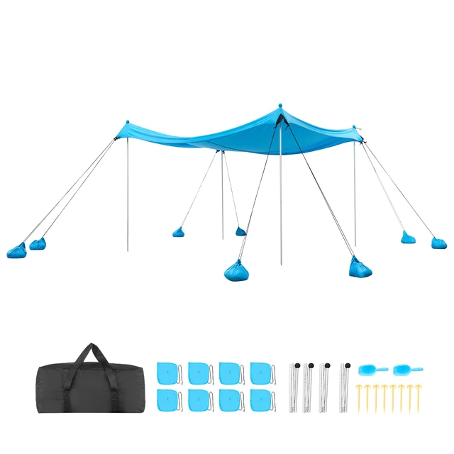 Alt view image 8 of 8 - VEVOR Beach Tent Sun Shelter, UPF50+ Sun Protection, 6.6 ft Tall, 10x10 ft, Easy Pop Up Beach Canopy with 8 Sandbags, Stability Poles, Sand Shovels, Portable Shade for Family Outings, Camping, Fishing