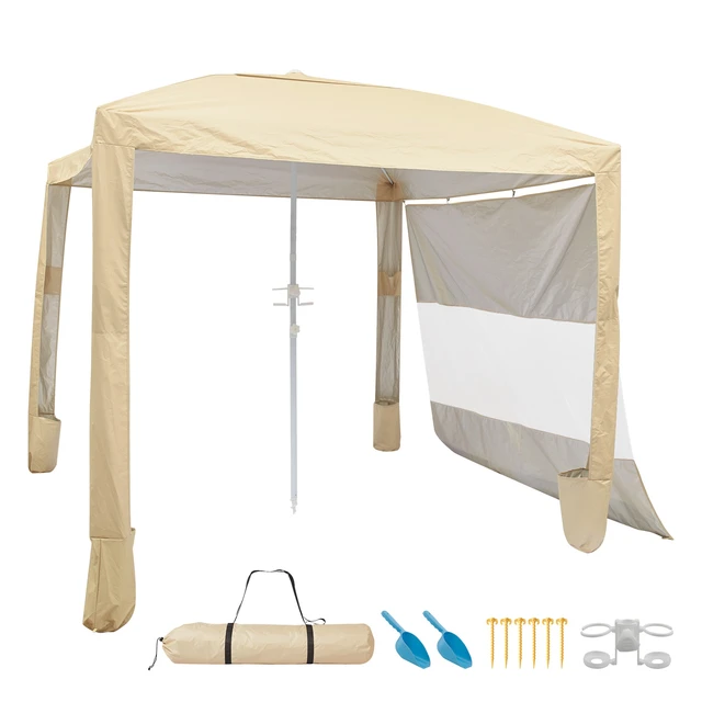 Alt view image 9 of 9 - Beach Cabana, 8 x 8 ft Beach Canopy with Side Wall, UPF 50+ Protection Easy Setup Cabana Tent with Sand Pockets, Adjustable Height Portable Shade Sun Shelter Umbrella for Family & Friends, Khaki