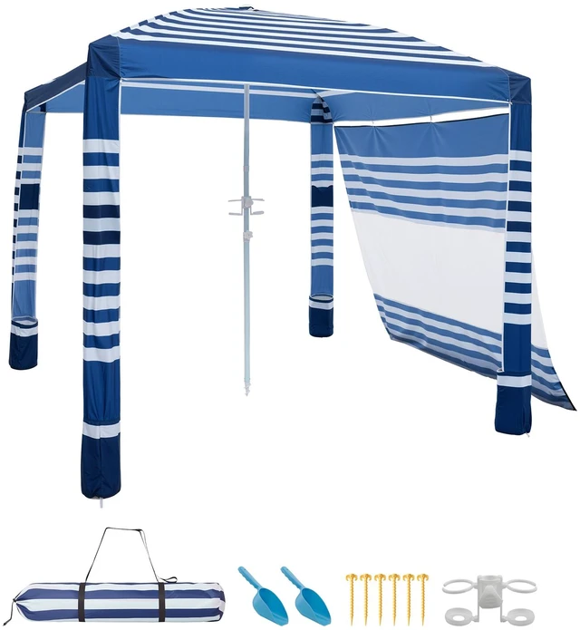 Alt view image 2 of 2 - Vevor Beach Cabana, 8 x 8 ft Beach Canopy with Side Wall, UPF 50+ Protection Easy Setup Cabana Tent with Sand Pockets, Adjustable Height Portable Shade Sun Shelter Umbrella for Family, Navy Stripes