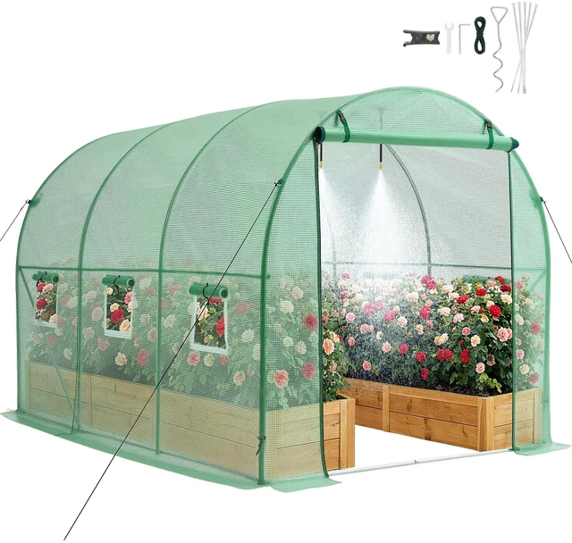 Alt view image 8 of 8 - VEVOR Walk-in Tunnel Greenhouse, 10 x 7 x 7 ft Hoop House Greenhouse Tunnel, Plant Hot House with 4 Nozzles, 26.25 ft Hose, Steel Frame, PE Cover, Roll-up Zipper Door and 6 Windows for Outdoors, Green