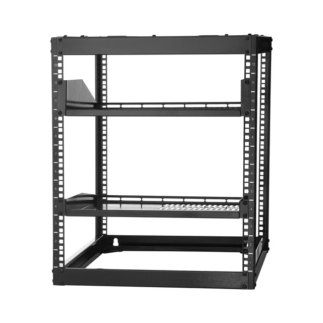 Alt view image 9 of 9 - VEVOR 12U Open Frame Network Rack Wall Mounted Server Rack 4 Post with Shelves