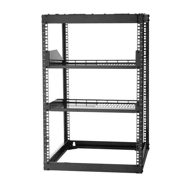 Alt view image 9 of 9 - VEVOR 16U Open Frame Network Rack Wall Mounted Server Rack 4 Post with Shelves