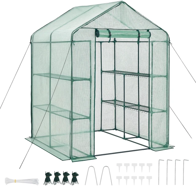 Alt view image 16 of 16 - Walk-in Green House, 4.6 x 4.6 x 6.6 ft , Greenhouse with Shelves, High Strength PE Cover with Zipper Door and Steel Frame, Assembly in Minutes, Suitable for Planting and Storage