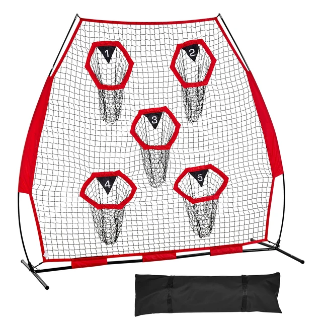 Alt view image 9 of 9 - 7 x 7 ft Football Trainer Throwing Net, Training Throwing Target Practice Net with 5 Target Pockets, Knotless Net Includes Straps and Portable Carry Case, Improve QB Throwing Accuracy, Red