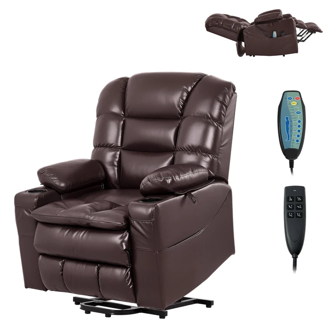 Alt view image 8 of 8 - VEVOR Power Lift Recliner Chair, Triple-Motor, Large Electric Lift Chair with Heat and Massage for Elderly, Infinite Position Adjustment, Leather Surface, with Storage Pockets and Cup Holders, Brown