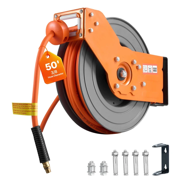Alt view image 2 of 2 - Vevor Retractable Air Hose Reel, 3/8 Inch x 50 FT Hybrid Air Hose Max 300PSI, Auto Rewind Air-Compressor Hoses Reel with 5 ft Lead in, 180° Swivel Ceiling/Wall Mount for Garage Workshops