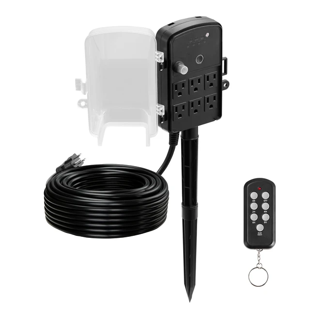 Alt view image 9 of 9 - VEVOR Outdoor Power Stake, 100FT Extension Cord, Outdoor Power Strip Weatherproof with Cover, Remote Control Dusk to Dawn Light Timer Waterproof, 6 Outlets, 1625W/13A, for Christmas Lights, Garden