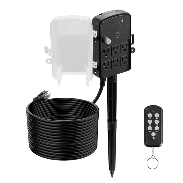 Alt view image 9 of 9 - VEVOR Outdoor Power Stake, 50FT Extension Cord, Outdoor Power Strip Weatherproof with Cover, Remote Control Dusk to Dawn Light Timer Waterproof, 6 Outlets, 1875W/15A, for Christmas Lights, Garden