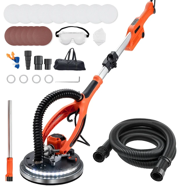 Alt view image 8 of 8 - VEVOR Drywall Sander, 950W Electric Drywall Sander, Popcorn Ceiling Removal Tool with 7 Variable Speed 1000-2300 RPM, Double-Deck LED Light, Foldable & Extendable Handle, 15 Sanding Discs, Dust Hose