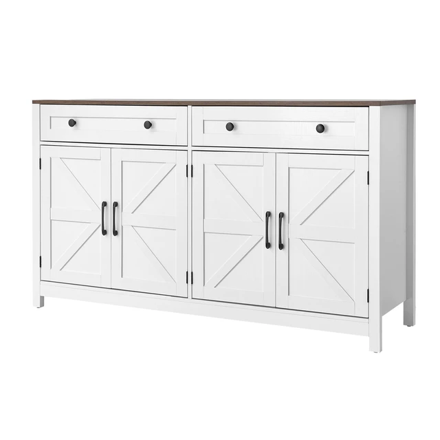 Alt view image 9 of 9 - Coffee Bar Cabinet, Farmhouse Coffee Bar Table with 2 Drawers, Buffet Stand Cabinet with 4 Barn Doors, Sideboard Buffet Station for Living Room, Entryway, Kitchen, 55.1 x 15.5 x 31.5 in, White