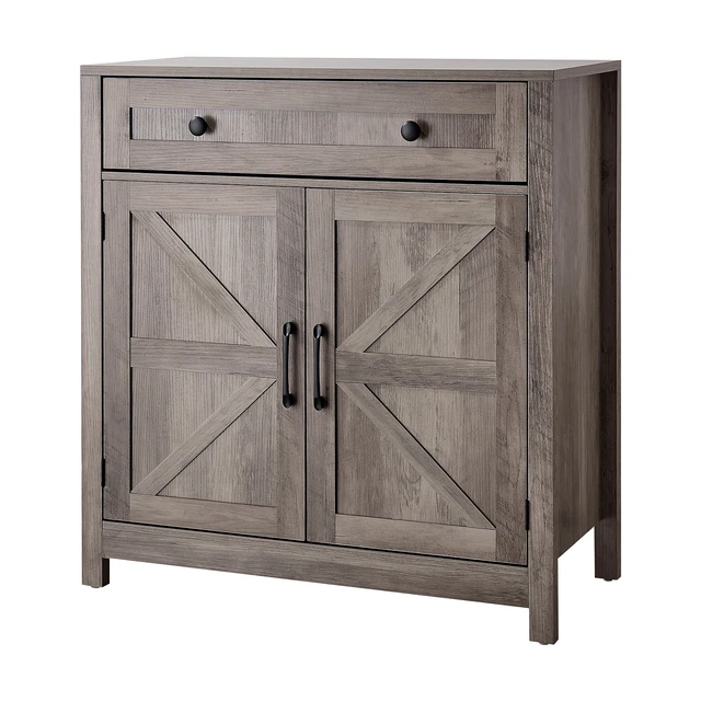 Alt view image 2 of 8 - Coffee Bar Cabinet, Farmhouse Coffee Bar Table with Drawer, Buffet Stand Cabinet with 2 Barn Doors, Sideboard Buffet Station for Living Room, Entryway, Kitchen, 29.5 x 14.7 x 31.5 in, Grey
