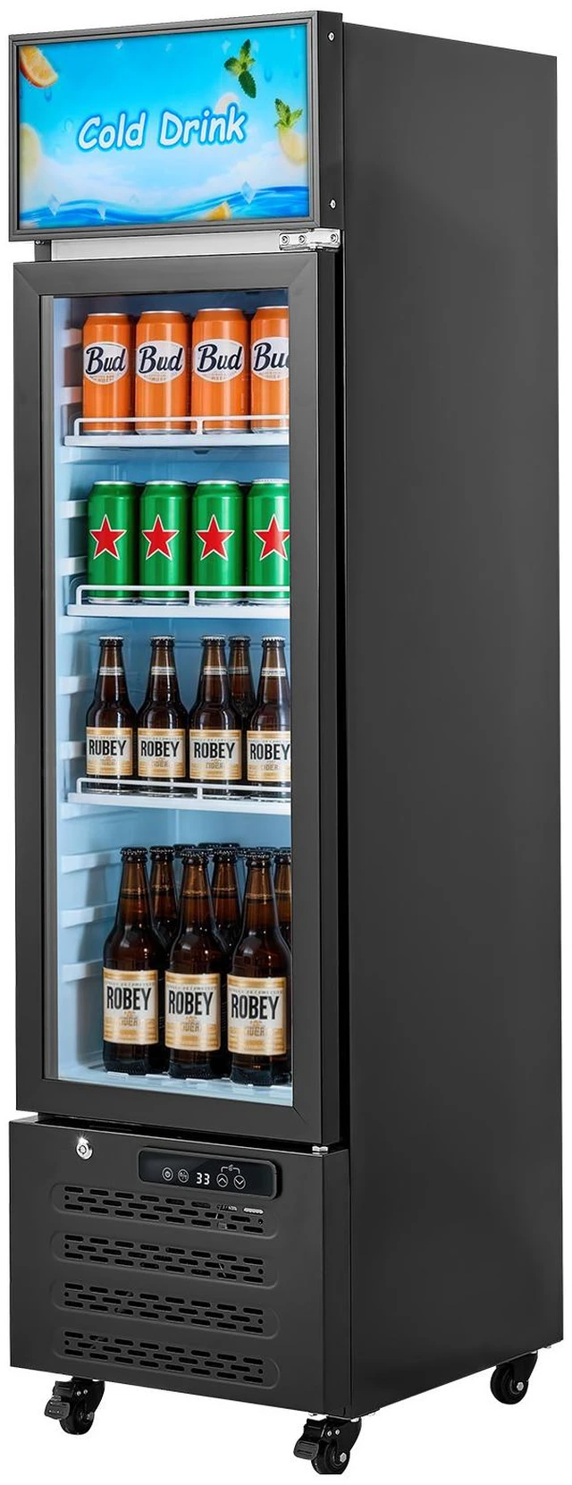Alt view image 8 of 8 - VEVOR Commercial Merchandiser Refrigerator, 6.1 Cu.Ft / 173 L Glass Door Display Refrigerator, Upright Beverage Cooler with Customizable Lightbox, 3 Adjustable Shelves & Soft LED Light for Homes Shops