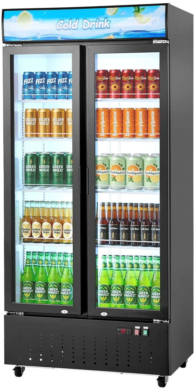 Main image of VEVOR Commercial Merchandiser Refrigerator, 20.8 Cu.Ft / 590L Upright Beverage Cooler, 2 Glass Door Display Refrigerator with Customizable Lightbox, 8 Adjustable Shelves, Soft LED Lighting & Casters
