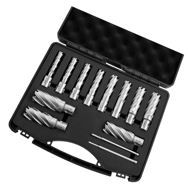 Alt view image 8 of 8 - VEVOR Annular Cutter Set, 13 pcs Universal Shank Mag Drill Bits Kit, 2" Cutting Depth, 7/16" to 1-1/16" Cutting Diameter, HSS, 11 Drill Bits with 2 Pilot Pins, Plastic Case, for Magnetic Drills, Steel