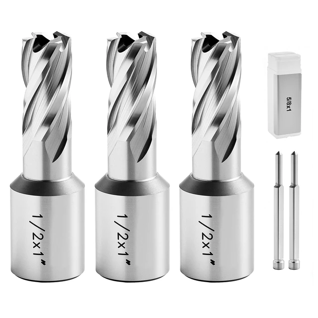 Alt view image 8 of 8 - VEVOR Annular Cutter Set, 5 pcs Weldon Shank Mag Drill Bits Kit, 1" Cutting Depth, 1/2", 5/8", 1" Cutting Diameter, HSS, 3 Drill Bits with 2 Pilot Pins and 3 Plastic Cases, for Magnetic Drills, Steel