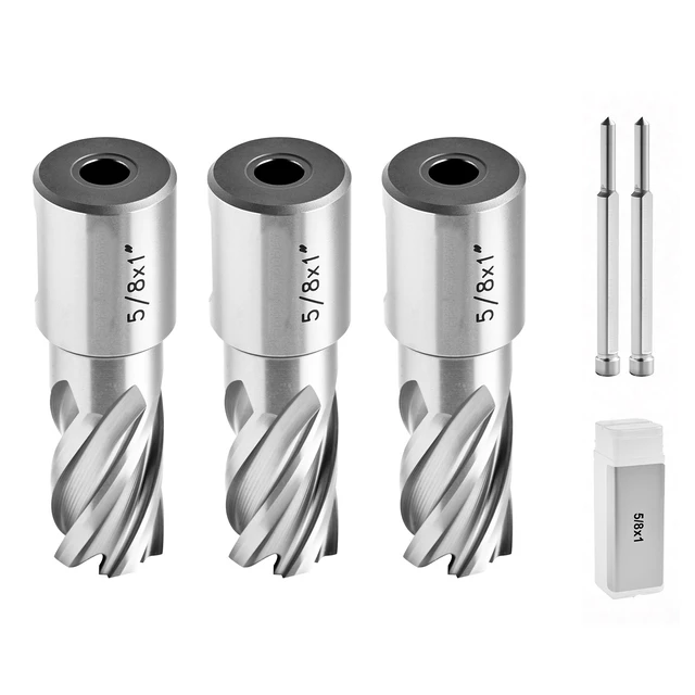 Alt view image 8 of 8 - VEVOR Annular Cutter Set, 5 pcs Weldon Shank Mag Drill Bits Kit, 1" Cutting Depth, 5/8" Cutting Diameter, HSS, 3 Drill Bits with 2 Pilot Pins and 3 Plastic Cases, for Magnetic Drills, Steel, Aluminum