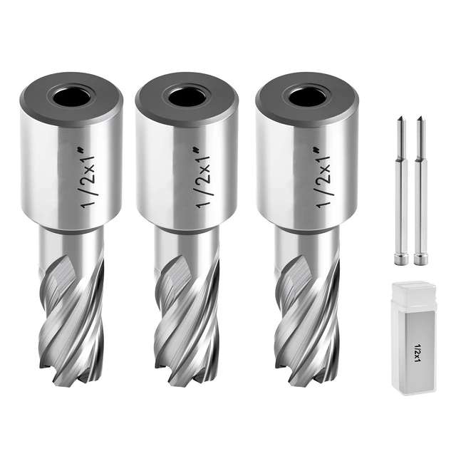 Alt view image 8 of 8 - VEVOR Annular Cutter Set, 5 pcs Weldon Shank Mag Drill Bits Kit, 1" Cutting Depth, 1/2" Cutting Diameter, HSS, 3 Drill Bits with 2 Pilot Pins and 3 Plastic Cases, for Magnetic Drills, Steel, Aluminum