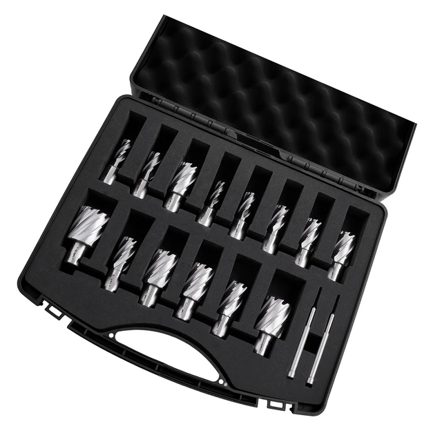Alt view image 8 of 8 - VEVOR Annular Cutter Set, 16 pcs Weldon Shank Mag Drill Bits Kit, 1" Cutting Depth, 7/16" to 1-3/8" Cutting Diameter, HSS, 14 Drill Bits with 2 Pilot Pins, Plastic Case, for Magnetic Drills, Steel