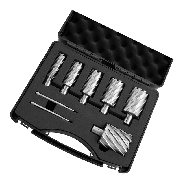Alt view image 8 of 8 - VEVOR Annular Cutter Set, 8 pcs Weldon Shank Mag Drill Bits Kit, 2" Cutting Depth, 7/8" to 2" Cutting Diameter, HSS, 6 Drill Bits with 2 Pilot Pins, Plastic Case, for Magnetic Drills, Steel, Aluminum