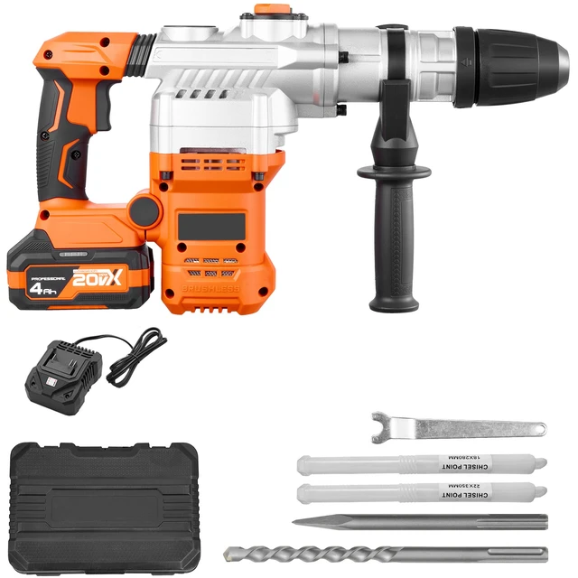 Alt view image 15 of 15 - VEVOR Rotary Hammer Drill, 1-9/16 in SDS-Max Cordless, Heavy Duty 20V Battery Powered Rotary Hammer, Including 2 Batteries, Charger, Drill Bit, Pointed Chisel, Carrying Case, for Concrete, Masonry