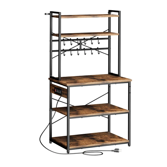 Alt view image 8 of 8 - VEVOR Kitchen Bakers Rack, 5 ft Power Cable Bakers Rack with Power Outlet, Kitchen Stand with X-Shaped Support Bar, 12 S-Shaped Hooks, Coffee Bar Stand for Dishes, Spice Bottles, Built-In Power Strip