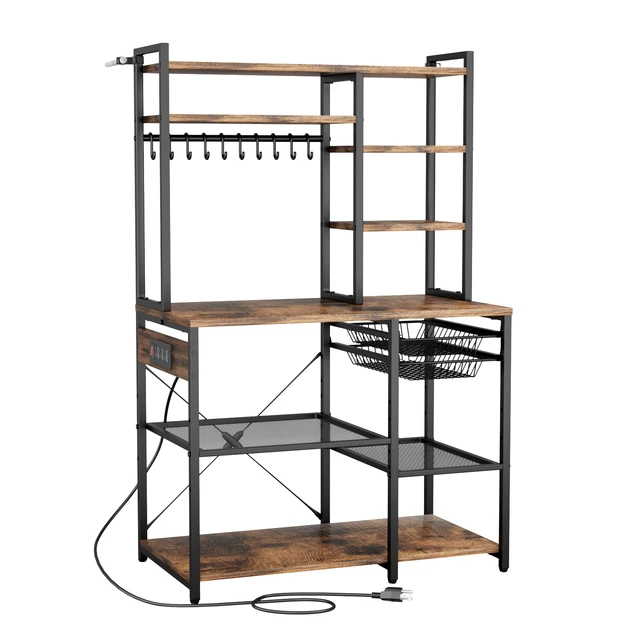Alt view image 8 of 8 - VEVOR Kitchen Bakers Rack, 5 ft Power Cable Bakers Rack with Power Outlet, Kitchen Stand with X-Shaped Support Bar, 10 S-Shaped Hooks, Coffee Bar Stand for Dishes, Spice Bottles, Built-In Power Strip