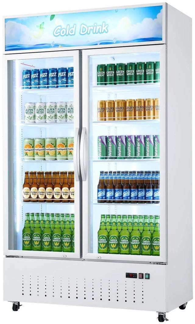 Main image of VEVOR Commercial Merchandiser Refrigerator, 35.3 Cu.Ft / 1000L Upright Beverage Cooler, 2 Glass Door Display Refrigerator with Customizable Lightbox, 8 Adjustable Shelves, Soft LED Lighting & Casters