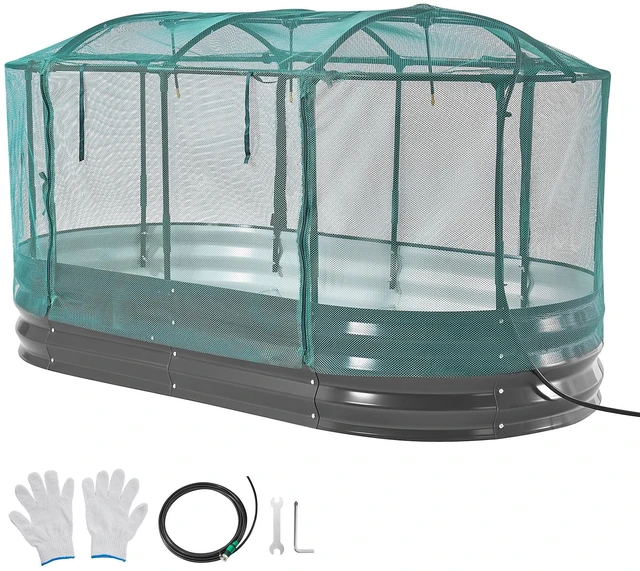 Main image of VEVOR Galvanized Raised Garden Bed, 6 x 3 x 1 ft, with Self Watering System and Mesh Cover, Oval Metal Planter Box Kit Outdoor, Rustproof Alu-Zinc, for Planting Flowers Fruits Vegetables, Dark Gray