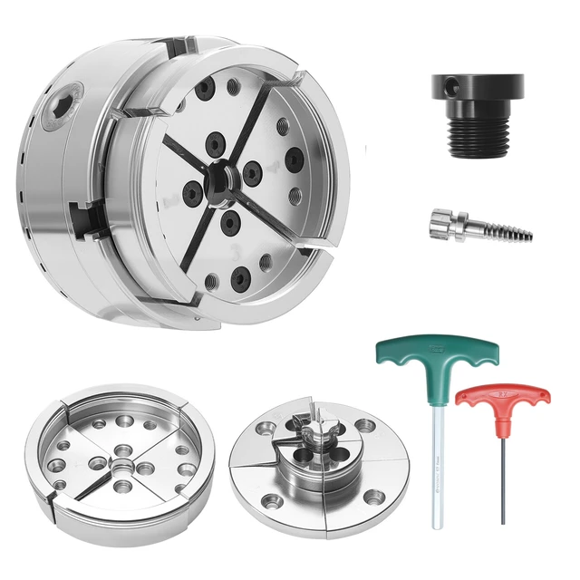 Alt view image 8 of 8 - VEVOR 4 Inch Wood Lathe Chuck, 4-Jaw, Bevel-Gear Self-Centering Wood Turning Chuck Set with 1" x 8TPI Thread & Adapter, Round Jaws, Step Jaws, Nickel-Plated, High-Hardness Steel, for Woodworking Lathe