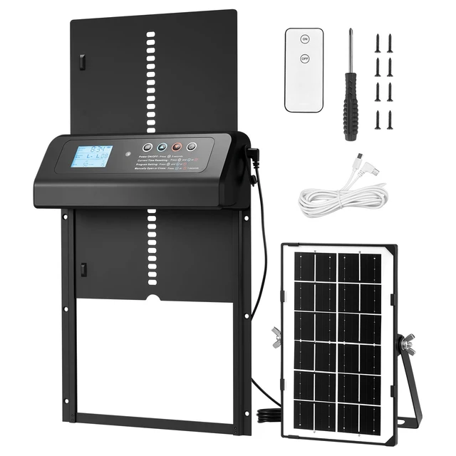 Alt view image 9 of 9 - VEVOR Automatic Chicken Coop Door, Solar & Battery Powered Chicken Door with LCD Display, Remote Control, Light Sensor & Timer, Anti-Pinch Security, Aluminum Alloy Chick Run Gate Opener, Black