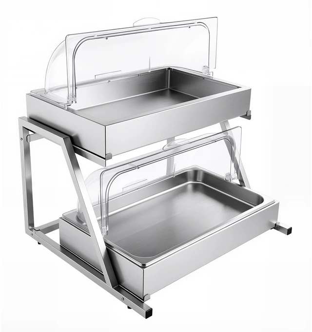 Main image of VEVOR Countertop Food Serving Display Container, 2 Tier Stainless Steel Food Salad Server Tray, Buffet Condiment Dispenser, Ice Cooled Rack with Clear Roll Top Cover, for Restaurant Hotel (1/1 Pan x2)