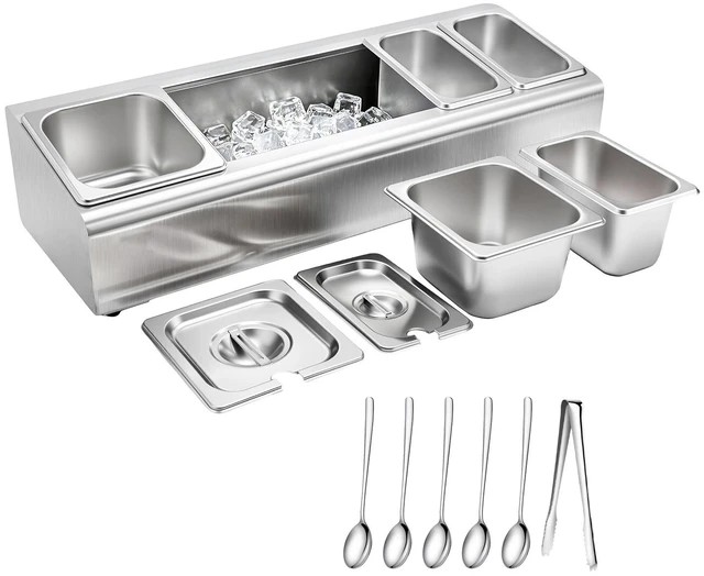 Main image of VEVOR Countertop Food Serving Display Container, Stainless Steel Food Salad Server Tray, Buffet Condiment Dispenser, Ice Cooled Rack with Separate Lid, for Restaurant Hotel Kitchen (2x1/6+3x1/9 Pan)