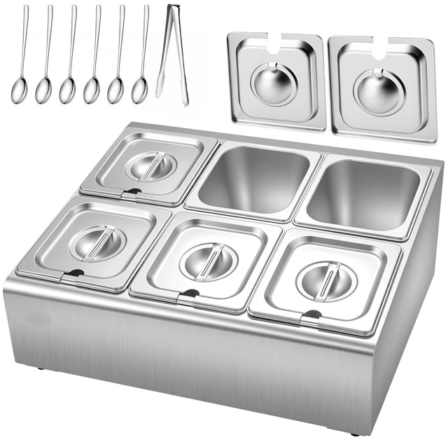 Main image of VEVOR Countertop Food Serving Display Container, Stainless Steel Food Salad Server Tray, Buffet Condiment Dispenser, Ice Cooled Rack with Separate Lid, for Restaurant Hotel Kitchen Party (6x1/6 Pan)