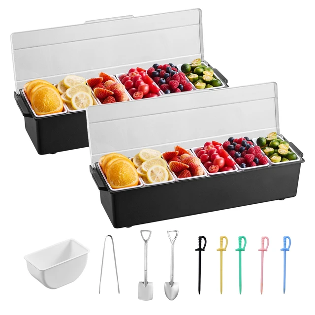 Alt view image 8 of 8 - VEVOR Ice Cooled Condiment Serving Container, 6 Compartments Chilled Server, Fruit Veggie Condiment Caddy, Plastic Garnish Station Lid Dispenser Tray, for Bartending & Serving Taco Restaurant Supplies