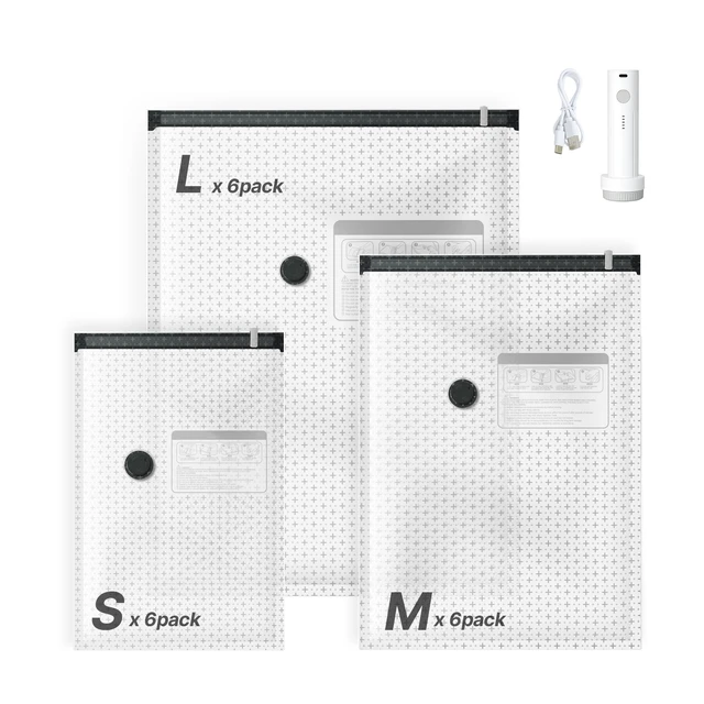 Alt view image 8 of 8 - VEVOR Vacuum Storage Bags, 18 Pack Space Saver Vacuum Seal Bags for Clothing, with Pump and Charging Cable, Double Zipper Seal, Thickened PA and PE, Compression for Clothes Storage, Travel Luggage