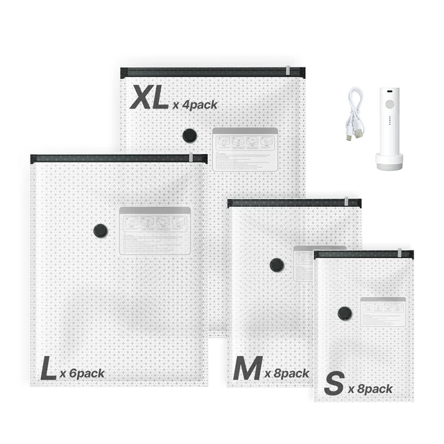 Alt view image 8 of 8 - VEVOR Vacuum Storage Bags, 26 Pack Space Saver Vacuum Seal Bags for Clothing, with Pump and Charging Cable, Double Zipper Seal, Thickened PA and PE, Compression for Clothes Storage, Travel Luggage
